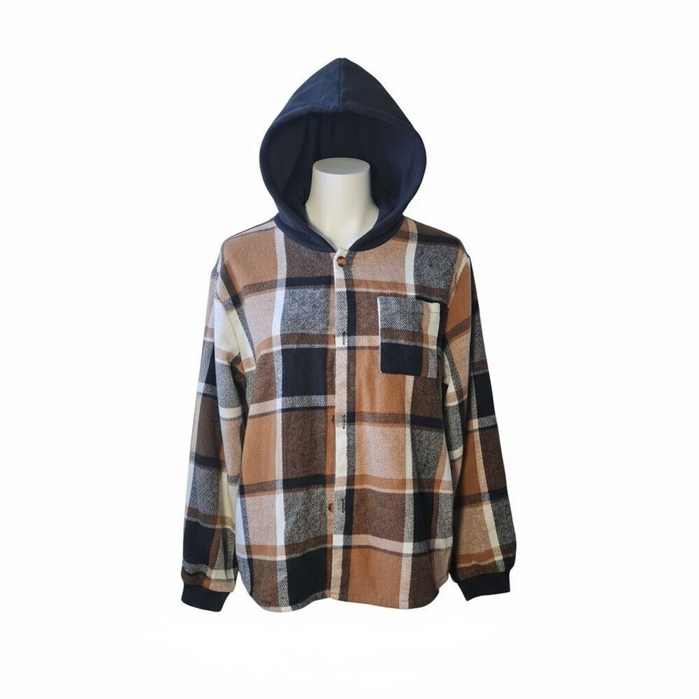 Youth Plaid Flannel Button-Up Hoodie – Brown, Black & Cream Check Pattern...